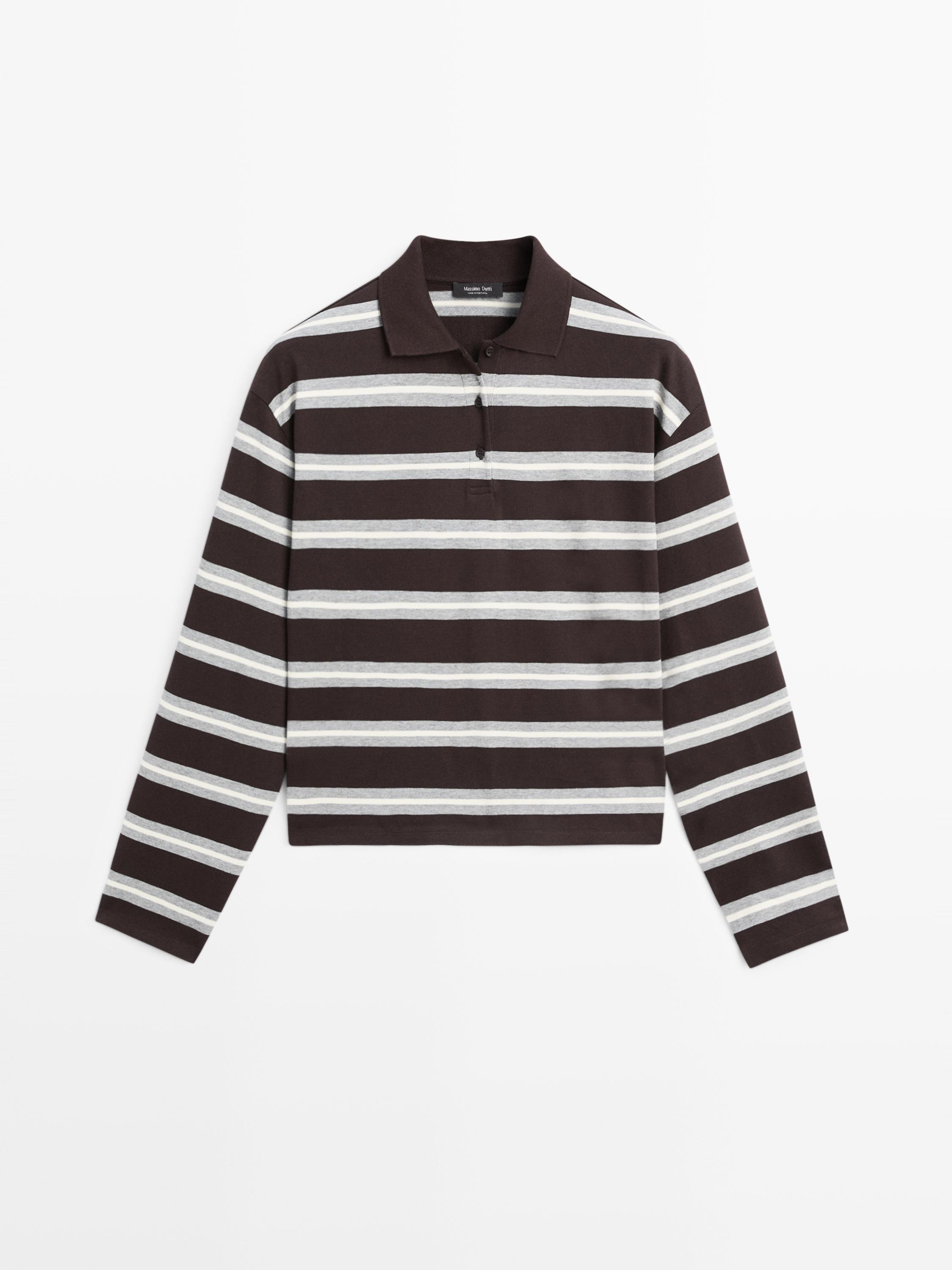 Striped long sleeve cotton polo shirt